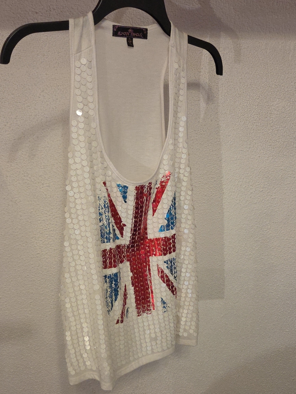 Almost Famous White Sequin Tank with Red & Blue Union Jack